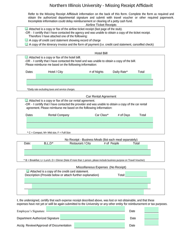 Missing Receipt Affidavit screenshot