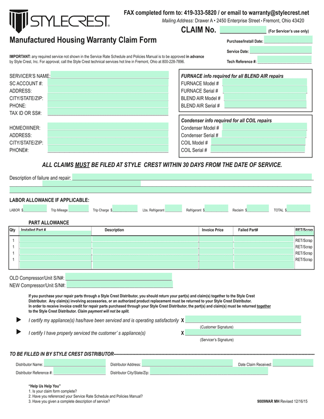 Manufactured Housing Warranty Claim Form screenshot