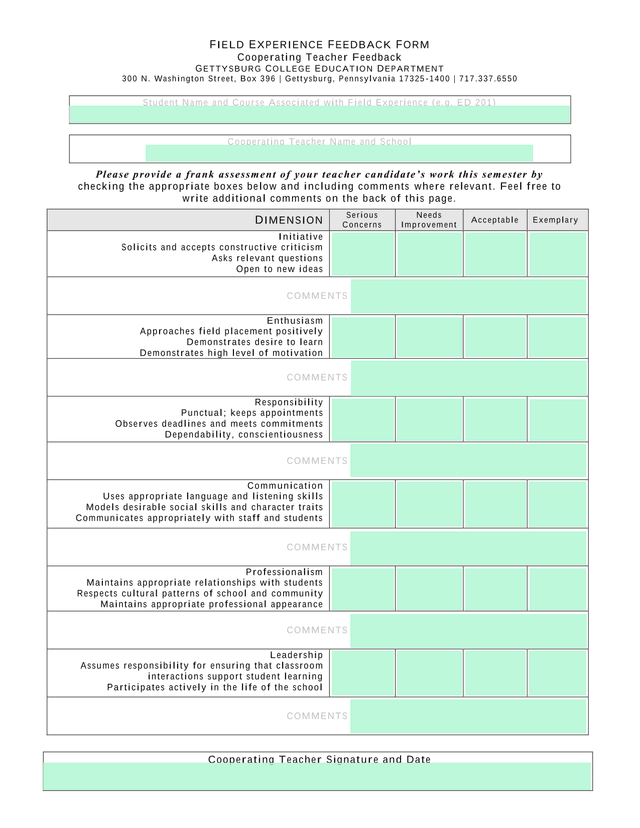FIELD EXPERIENCE FEEDBACK FORM screenshot