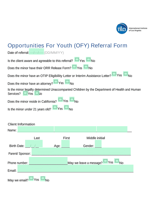 Opportunities For Youth (OFY) Referral Form screenshot