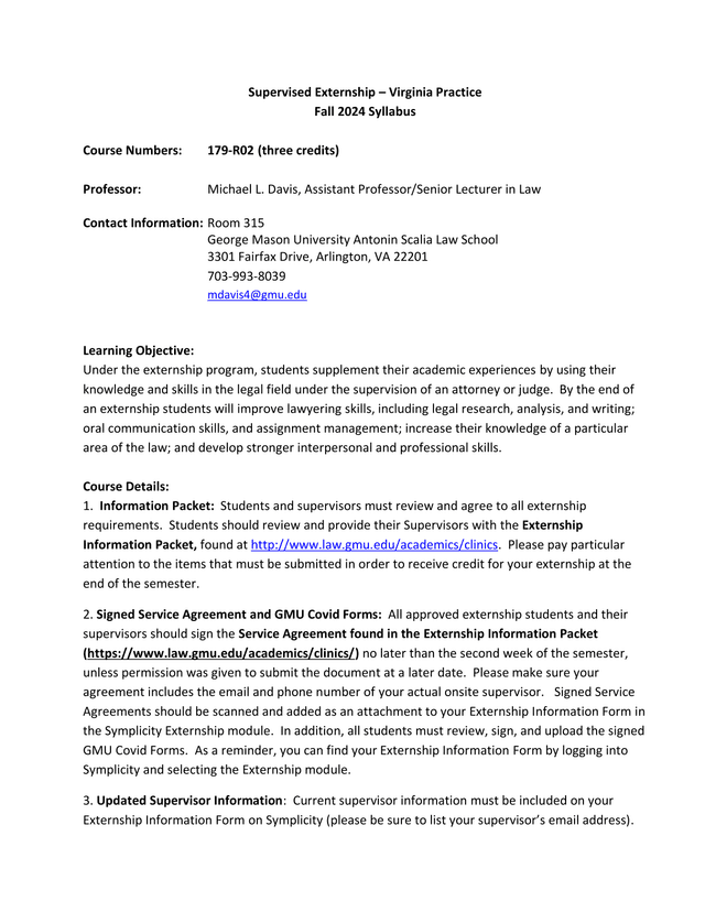 Supervised Externship  Virginia Practice Fall 2024 Syllabus screenshot