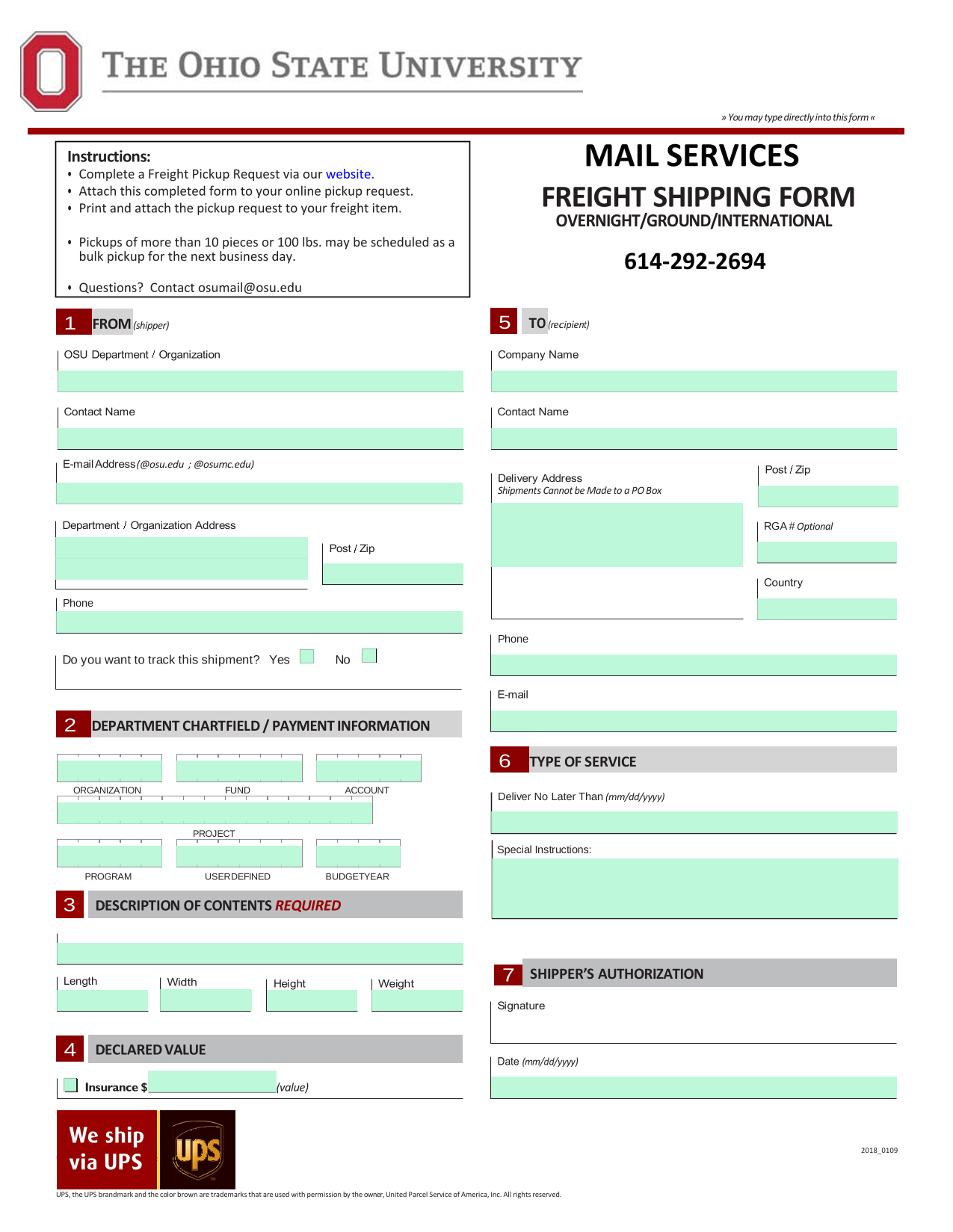 OSU Freight Shipping Form screenshot