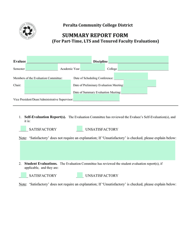 Peralta Community College District Summary Report Form screenshot