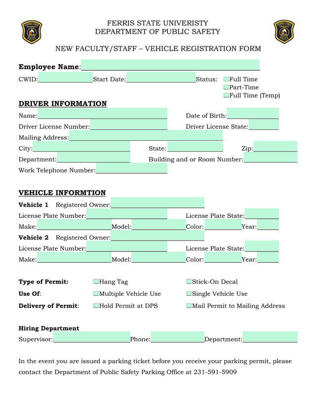 NEW FACULTYSTAFF  VEHICLE REGISTRATION FORM screenshot