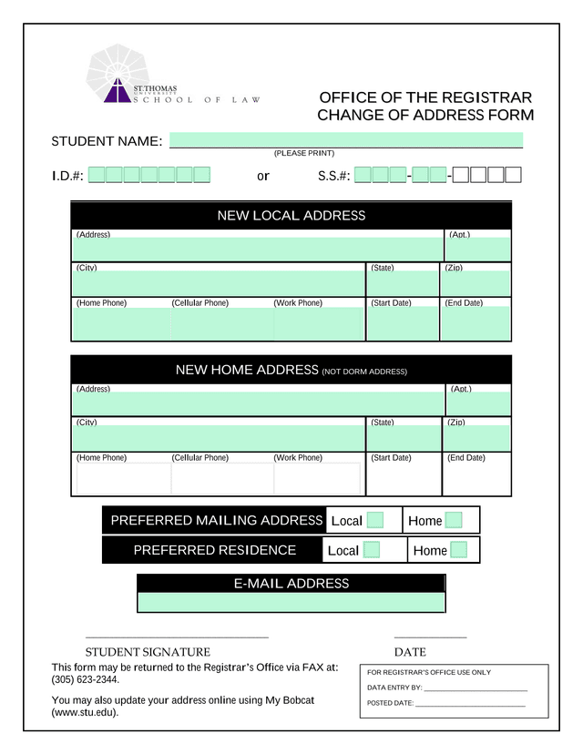 Change Of Address Form screenshot