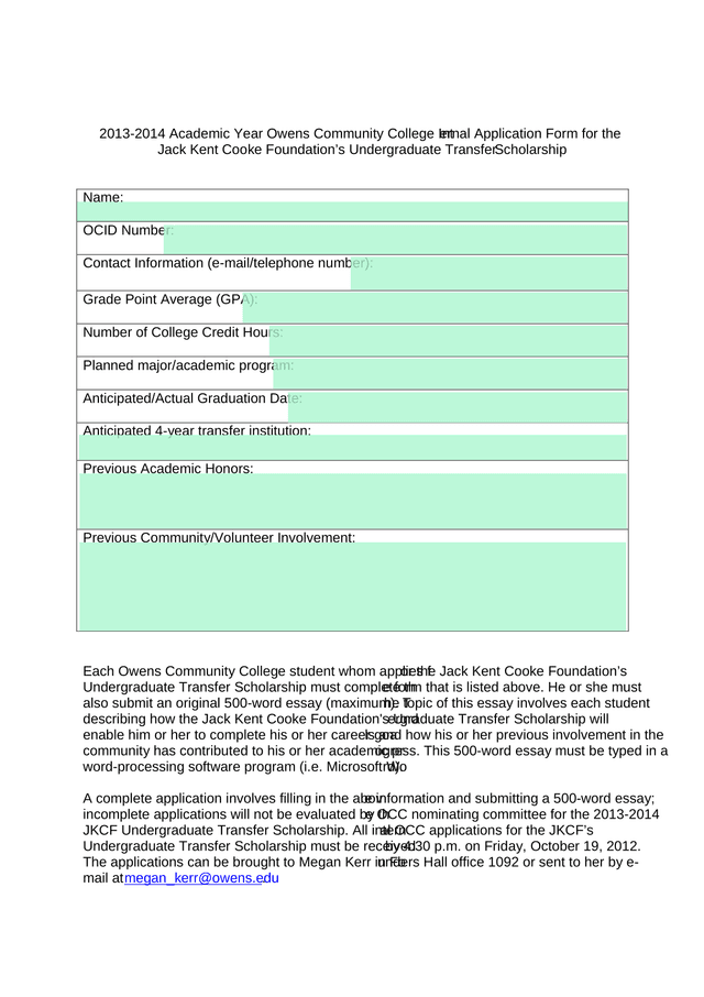 2013 2014 Academic Year Owens Community College Internal Application Form For The Jack Kent Cooke Fo screenshot