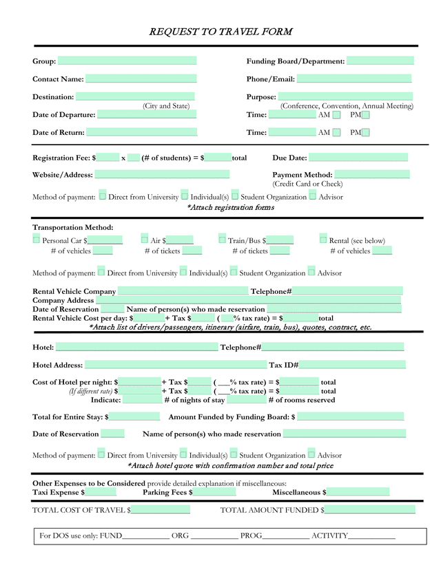 REQUEST TO TRAVEL FORM screenshot