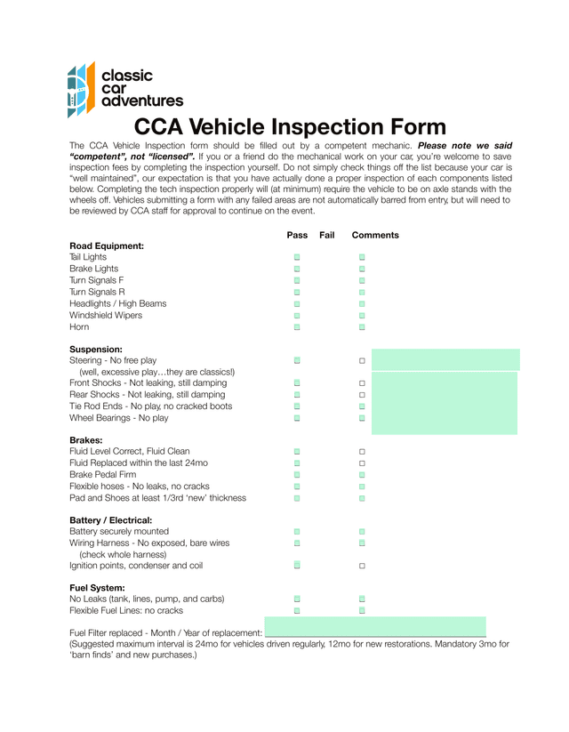 CCA Vehicle Inspection Form screenshot