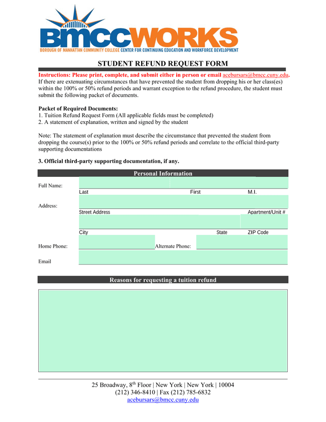 Student Refund Request Form screenshot