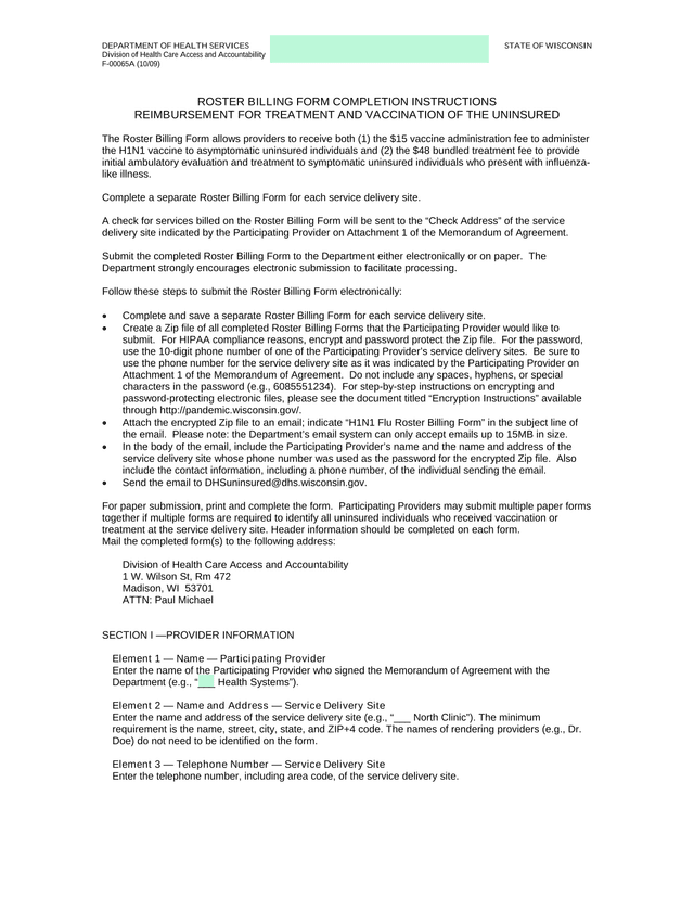 Roster Billing Form Completion Instructions screenshot