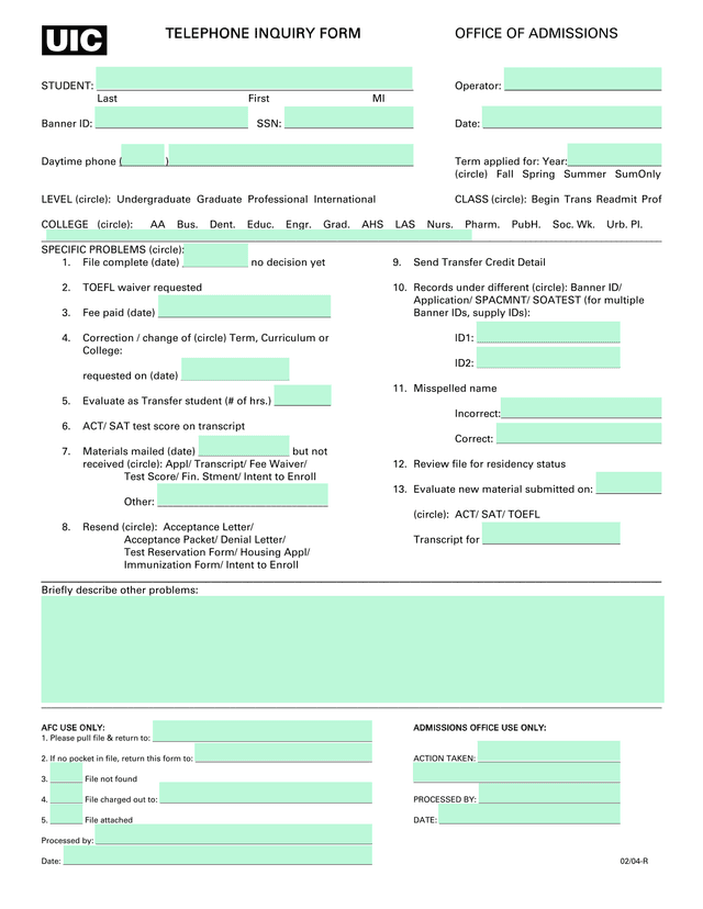 TELEPHONE INQUIRY FORM screenshot