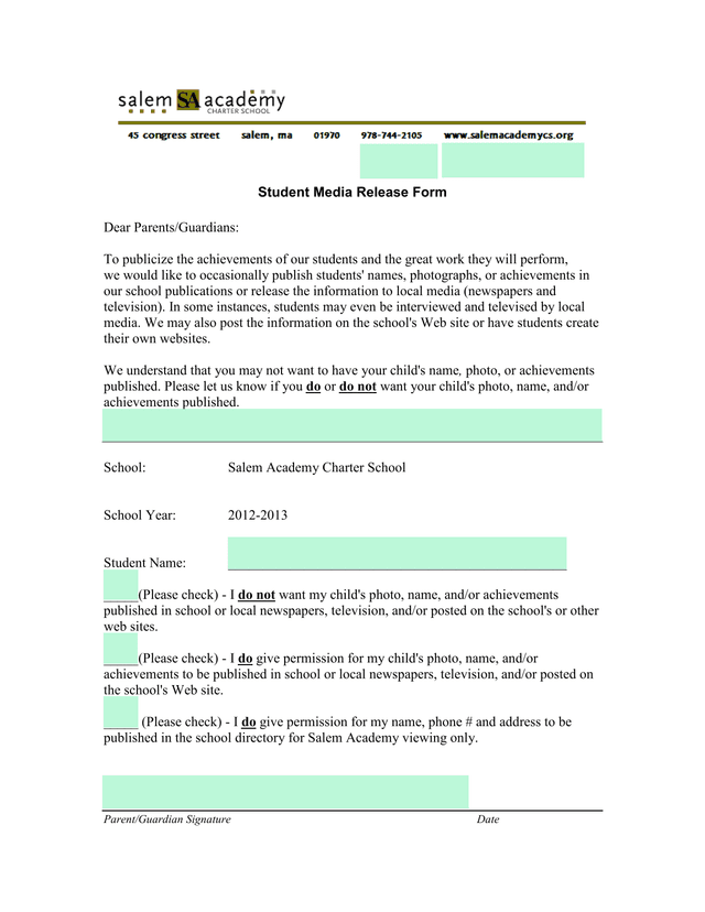 Student Media Release Form screenshot