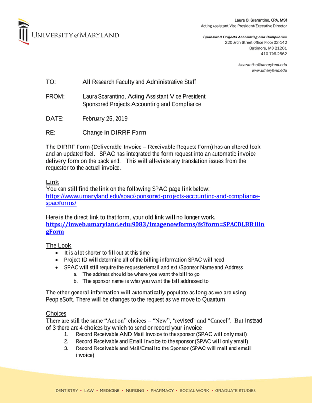 DIRRF Form Update Memo screenshot