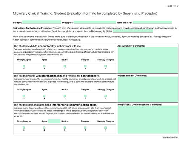 Midwifery Clinical Training Student Evaluation Form screenshot