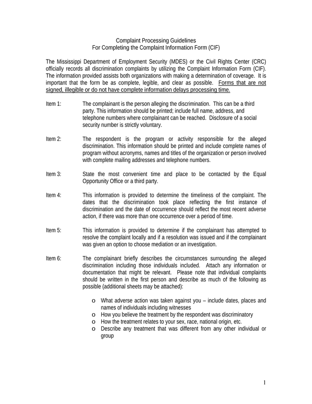Complaint Processing Guidelines For Completing The Complaint Information Form (CIF) screenshot