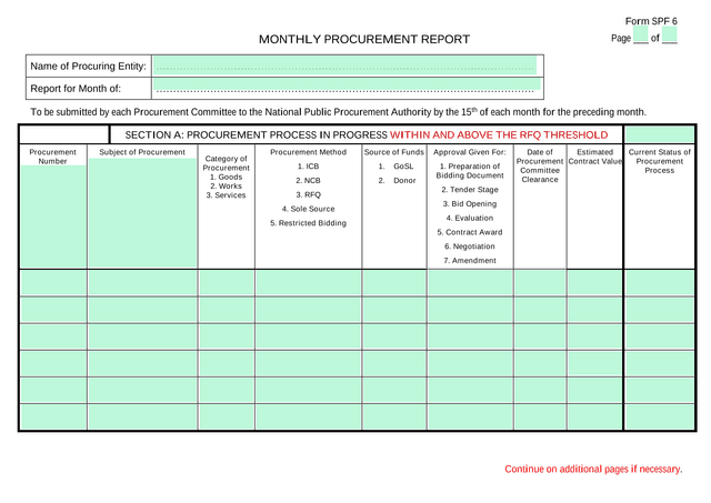 Form SPF 6 MONTHLY PROCUREMENT REPORT screenshot