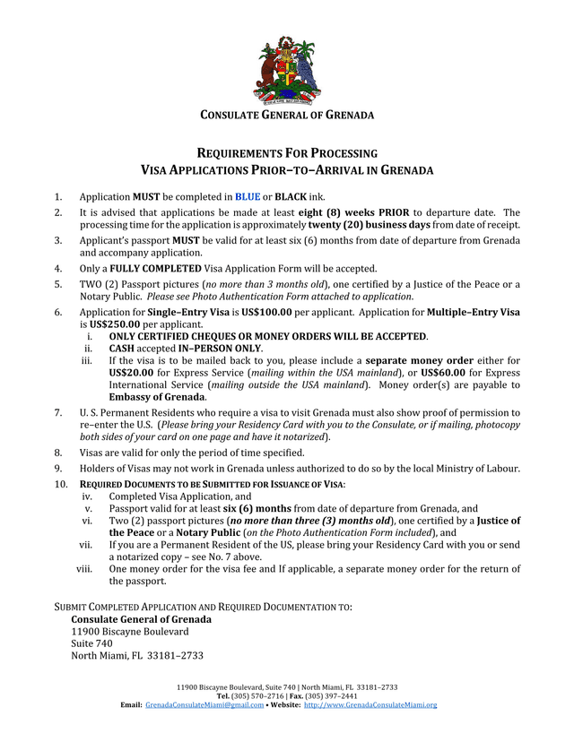 Requirements For Processing Visa Applications Prior To Arrival In Grenada screenshot