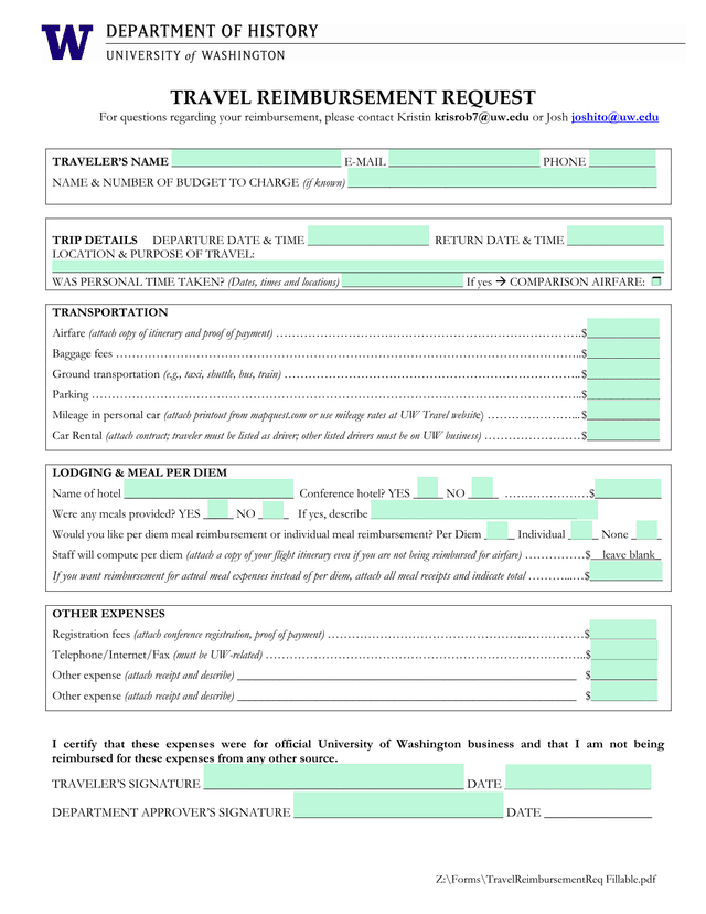 Travel Reimbursement Request screenshot