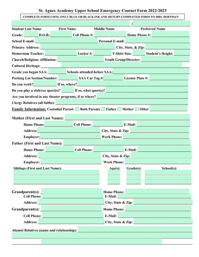 St. Agnes Academy Upper School Emergency Contact Form 2022 2023 screenshot