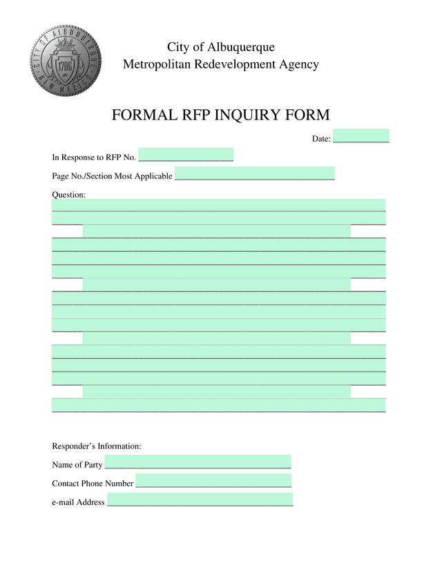 FORMAL RFP INQUIRY FORM screenshot