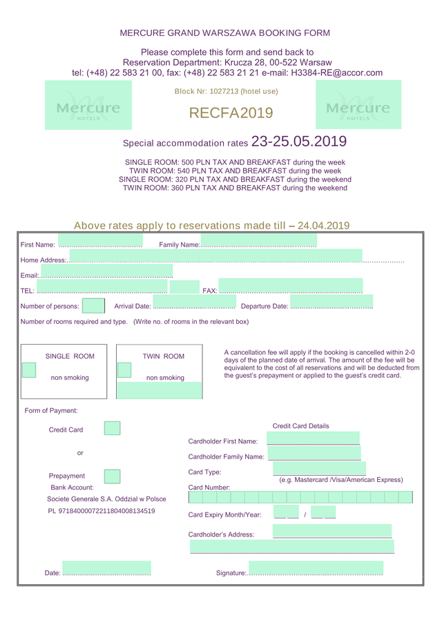 MERCURE GRAND WARSZAWA BOOKING FORM screenshot
