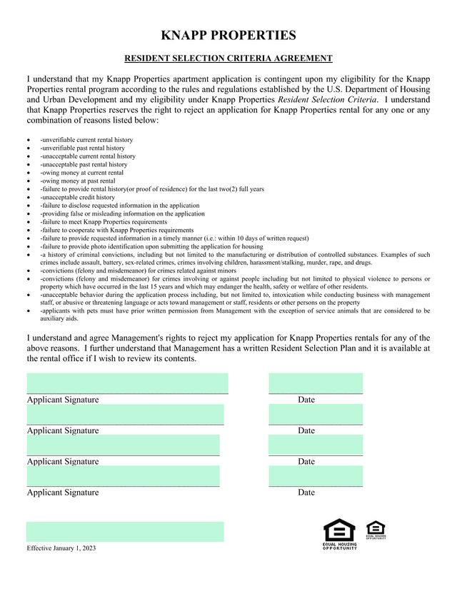 Resident Selection Criteria Agreement screenshot