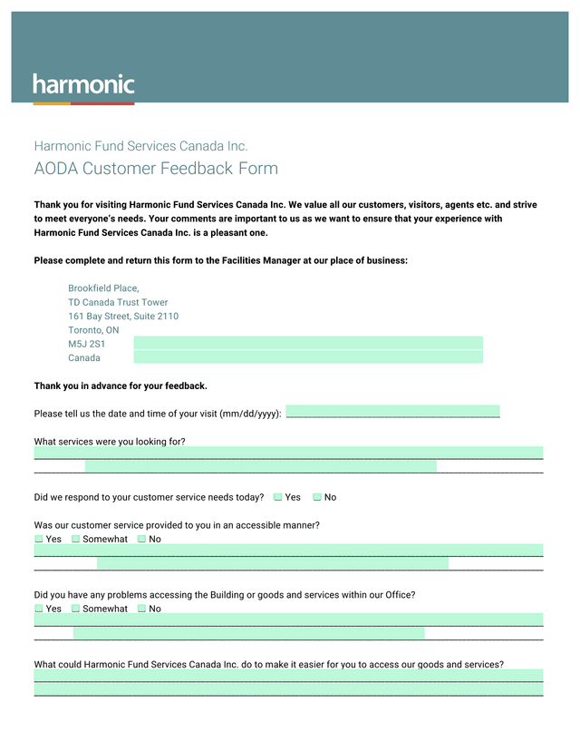 AODA Customer Feedback Form screenshot