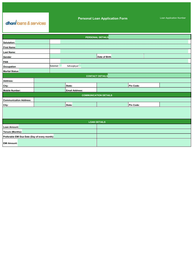 Personal Loan Application Form screenshot
