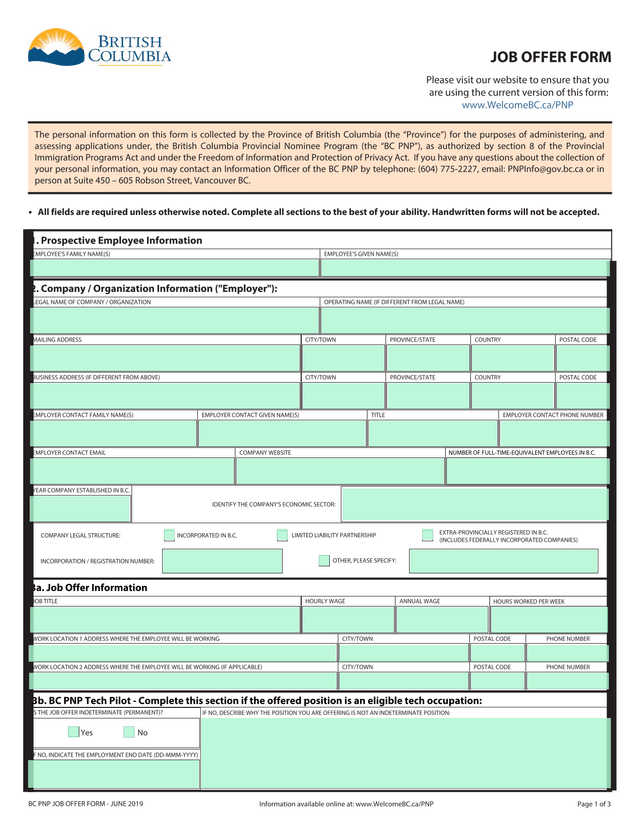 BC PNP Job Offer Form screenshot