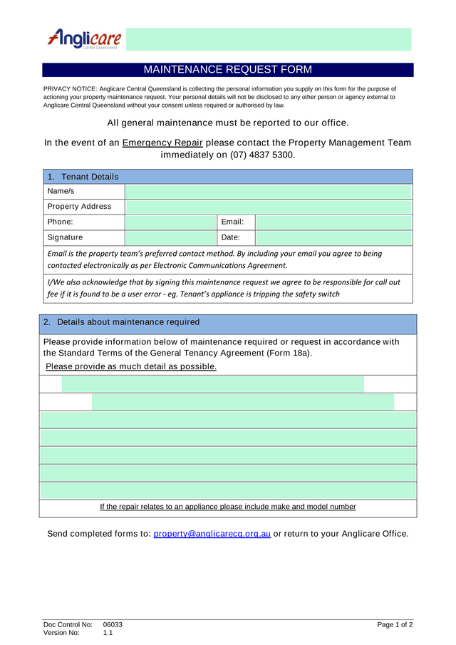 MAINTENANCE REQUEST FORM screenshot