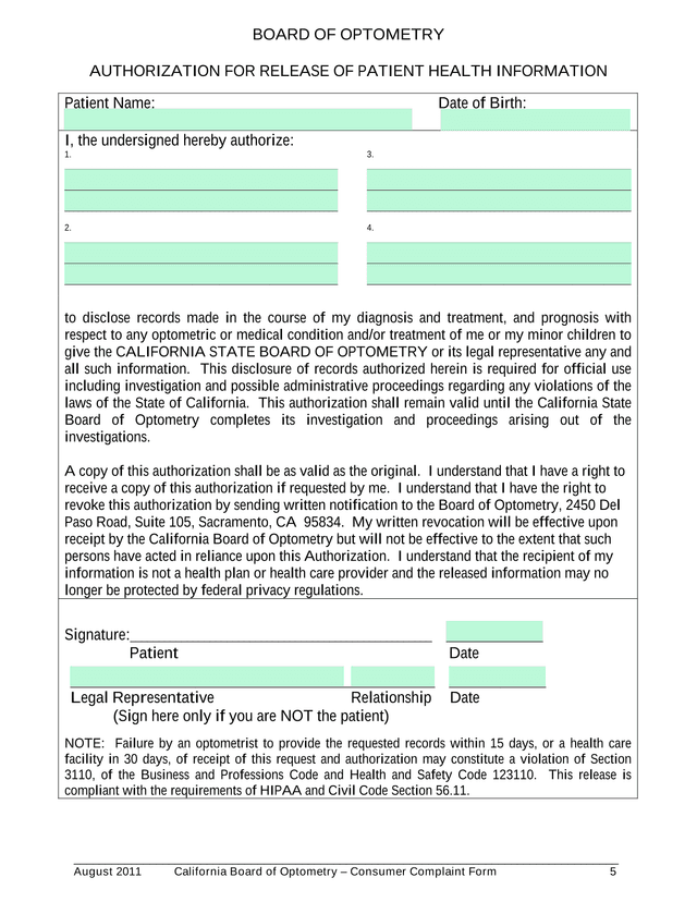 Authorization For Release Of Patient Health Information screenshot