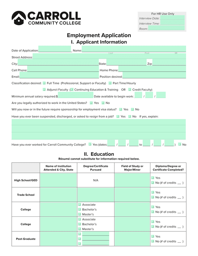 Employment Application screenshot
