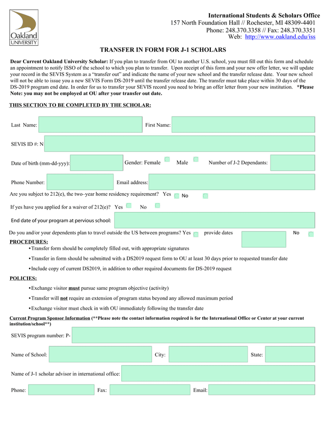 Transfer In Form For J 1 Scholars screenshot
