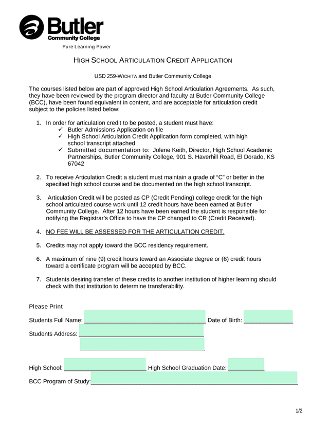 HIGH SCHOOL ARTICULATION CREDIT APPLICATION screenshot