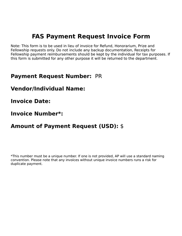FAS Payment Request Invoice Form screenshot