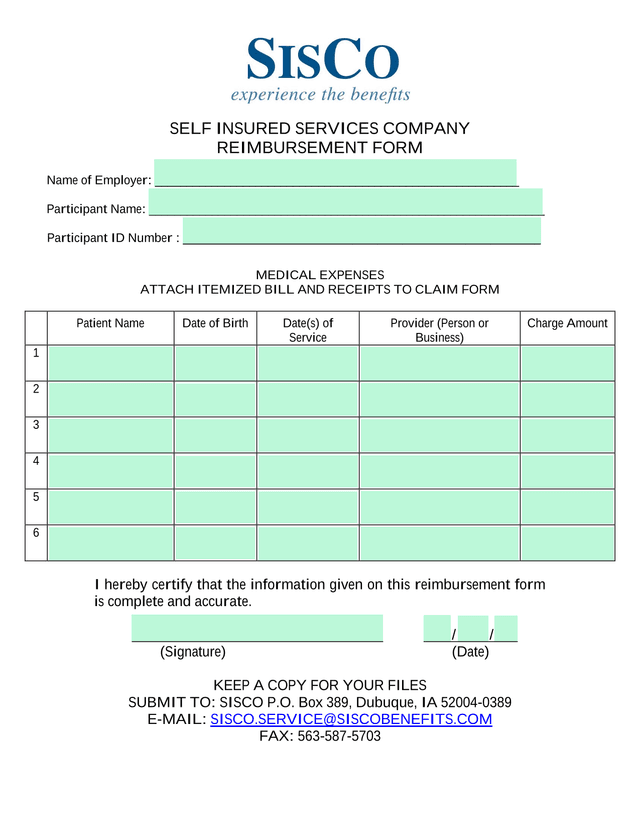 SELF INSURED SERVICES COMPANY REIMBURSEMENT FORM screenshot