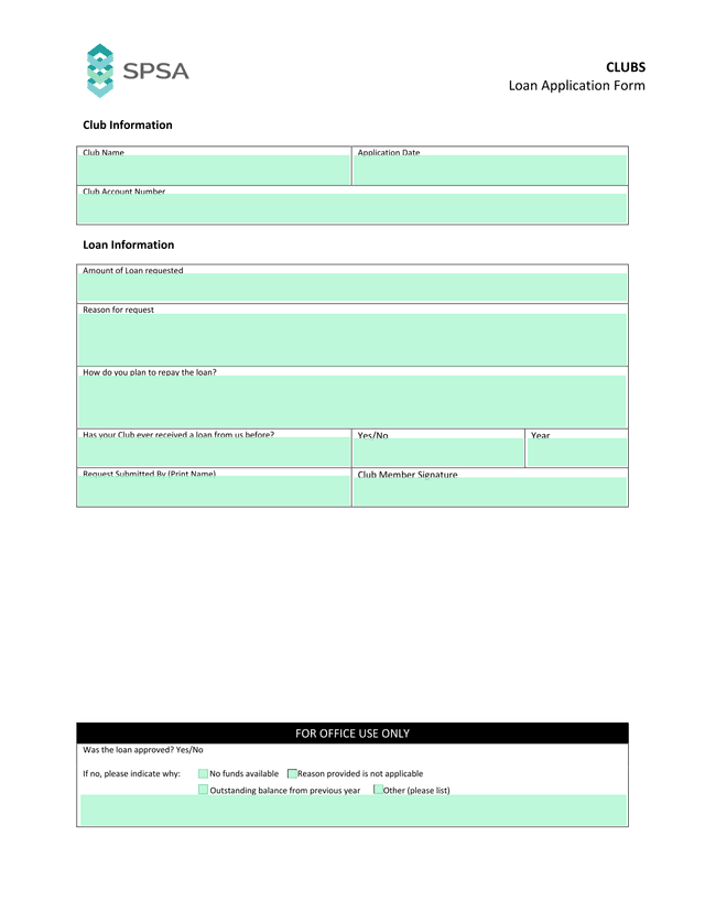 Clubs Loan Application Form screenshot