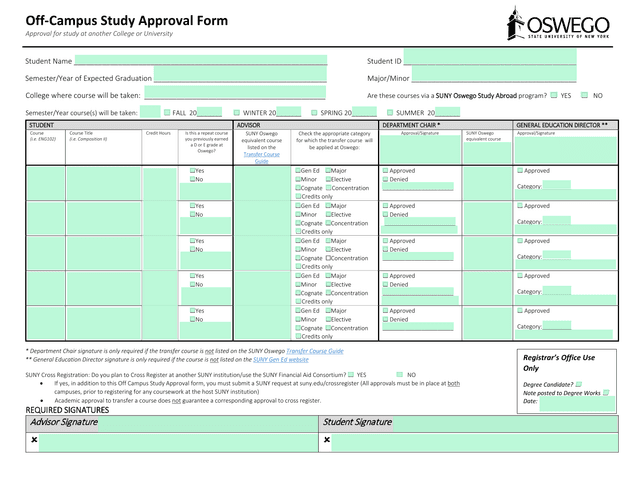Off Campus Study Approval Form screenshot