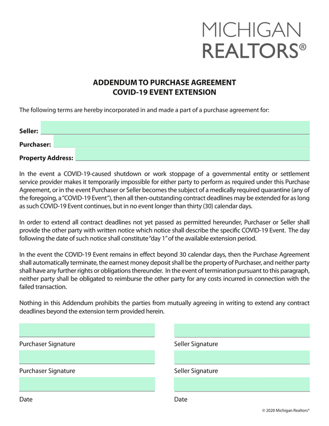 Addendum To Purchase Agreement COVID 19 Event Extension screenshot