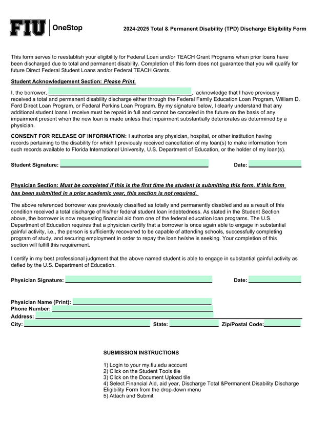 2024 2025 Total  Permanent Disability (TPD) Discharge Eligibility Form screenshot