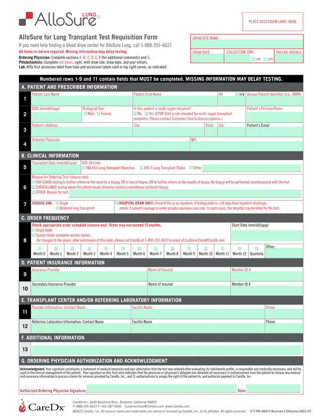 CareDx Lung Transplant Test Requisition Form screenshot