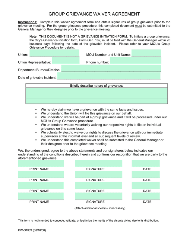 Group Grievance Waiver Agreement screenshot