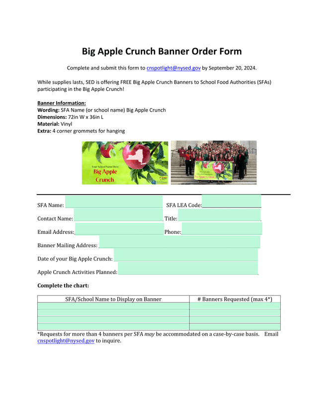 Big Apple Crunch Banner Order Form screenshot