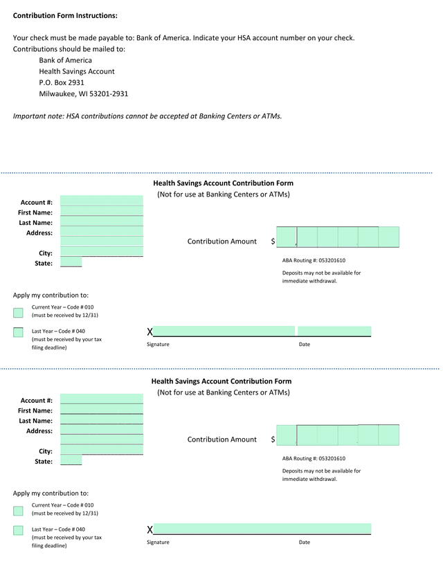 Health Savings Account Contribution Form screenshot