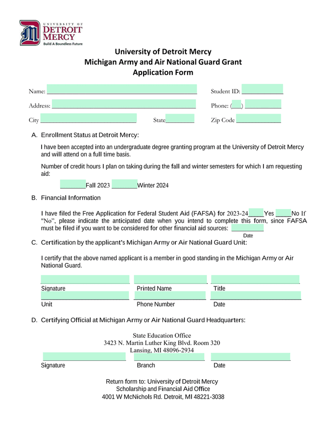 Michigan Army And Air National Guard Grant Application Form screenshot