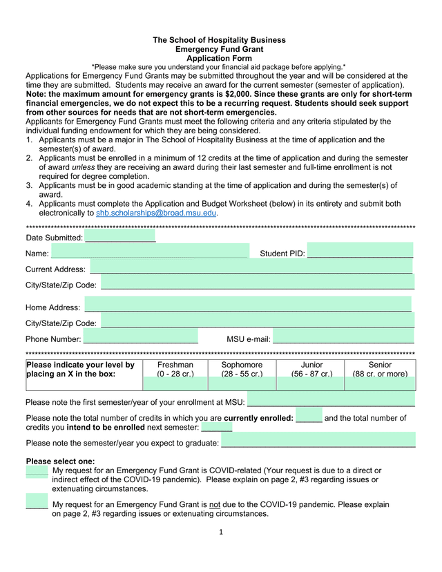 The School Of Hospitality Business Emergency Fund Grant Application Form screenshot