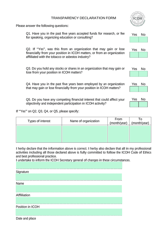 TRANSPARENCY DECLARATION FORM screenshot