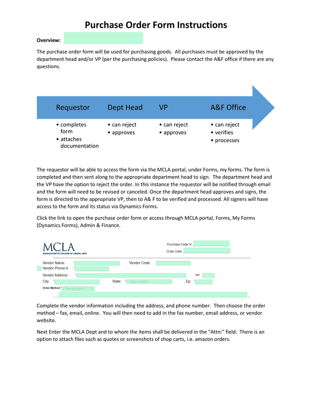 Purchase Order Form Instructions screenshot