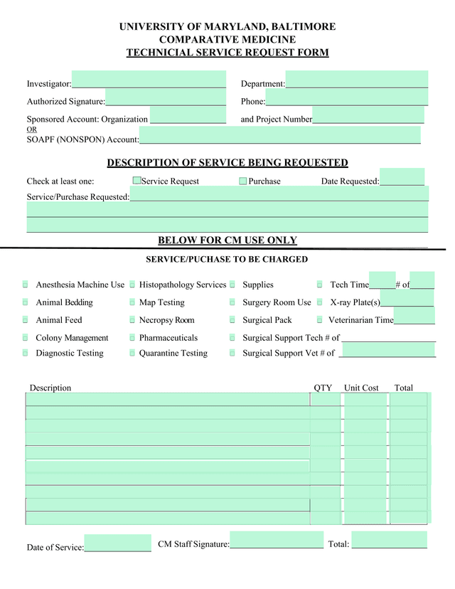 Comparative Medicine Technical Service Request Form screenshot