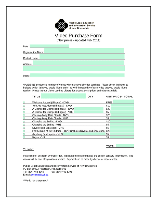 Video Purchase Form screenshot